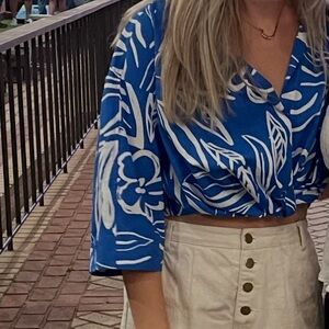 Zara Blue & White Twist-Front Button Down Crop Top